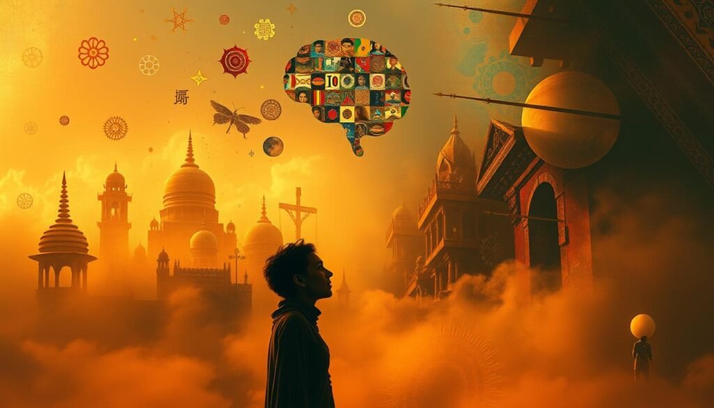 A surreal dreamscape where reality and culture converge. In the foreground, a figure stands in contemplation, their features a kaleidoscope of diverse cultural elements. The middle ground is a hazy, ethereal realm, with fragments of architecture and symbols floating in a mist-like atmosphere. The background is a collage of vibrant, abstract patterns and textures, representing the rich tapestry of cultural influences. Warm, golden lighting casts a mystical glow, evoking a sense of introspection and the blurring of boundaries between the conscious and subconscious. The composition is balanced, with a sense of depth and movement, inviting the viewer to explore the interplay between dream and reality, past and present.