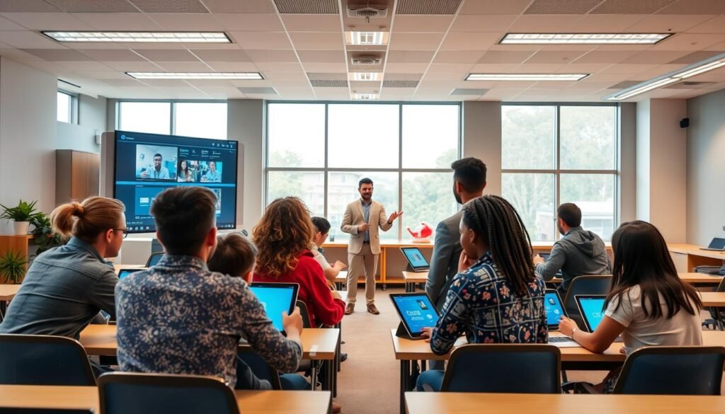 A technologically-advanced digital learning platform set against a backdrop of a modern, well-equipped classroom. In the foreground, students of diverse backgrounds engage with interactive displays, tablets, and virtual learning environments, immersed in a collaborative and stimulating educational experience. The middle ground features an instructor guiding the class, leveraging cutting-edge educational technology to enhance the learning process. The background showcases a panoramic view of the classroom, with large windows allowing natural light to flood the space, creating a warm and inviting atmosphere conducive to effective online and hybrid learning.