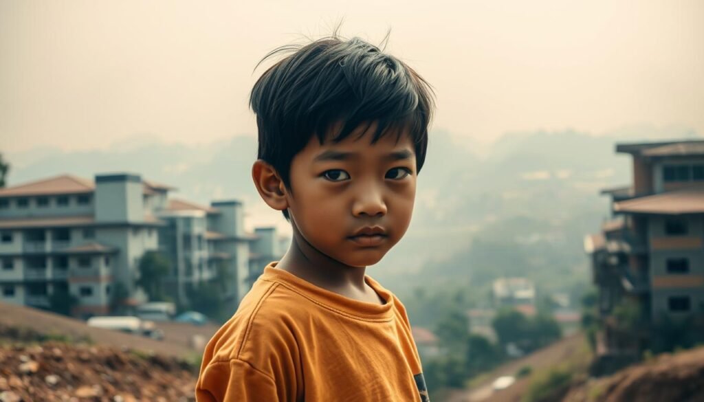 A vast, uneven landscape of educational opportunities in Indonesia. In the foreground, a young student, eager yet weighed down by the challenges of limited resources and infrastructure. The middle ground reveals vast discrepancies - modern, well-equipped schools juxtaposed with crumbling, underfunded institutions. In the distance, a hazy skyline, representing the unequal access to quality education across the nation. Soft, muted tones convey a sense of melancholy, while rays of hope pierce through, symbolizing the potential for change. Captured through the lens of a wistful, documentary-style aesthetic, this image aims to encapsulate the complex realities of the education gap in Indonesia.