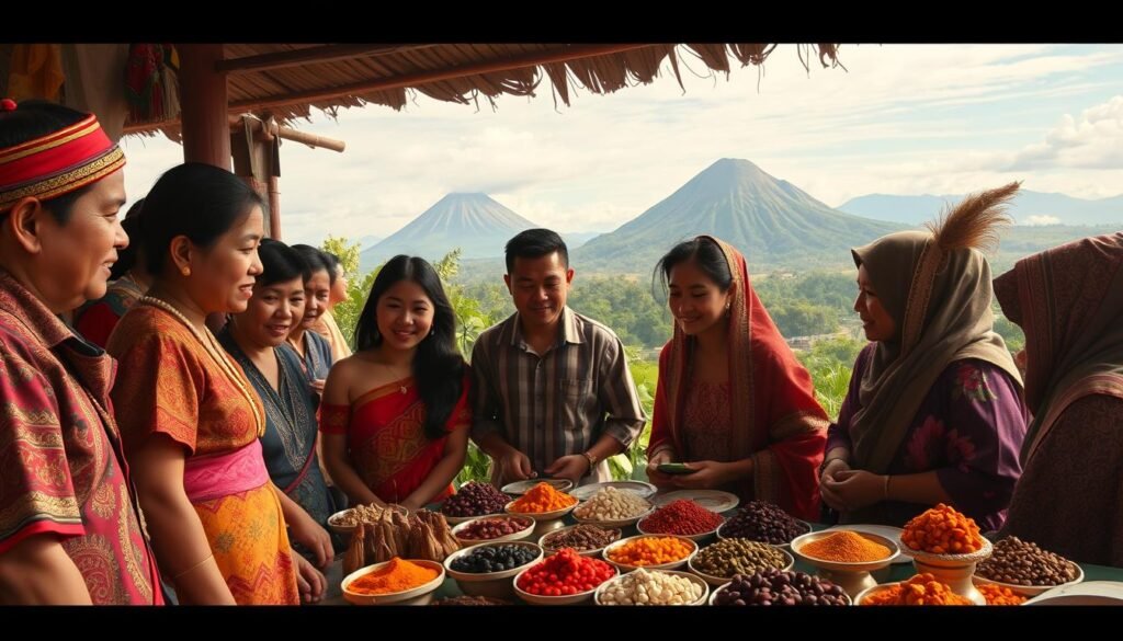 A vibrant mosaic of cultures, a symphony of diverse traditions, the impact of multiculturalism in Indonesia. In the foreground, a group of people from various ethnic backgrounds engage in lively conversation, their clothing and expressions reflecting the richness of their heritage. In the middle ground, a bustling marketplace showcases an array of unique handicrafts, spices, and textured fabrics, each item a testament to the country's artistic diversity. The background features a stunning landscape, where towering volcanoes and lush, verdant forests create a serene and majestic backdrop. Warm, natural lighting bathes the scene, evoking a sense of harmony and interconnectedness. This image captures the essence of Indonesia's social and cultural tapestry, a testament to the nation's enduring spirit of unity in diversity.