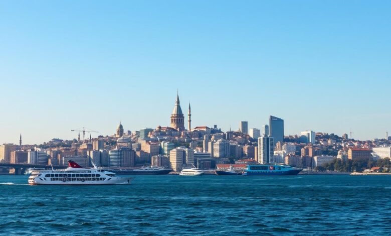 Diplomasi Ekonomi Turki dengan pemandangan Istanbul dan kapal-kapal dagang