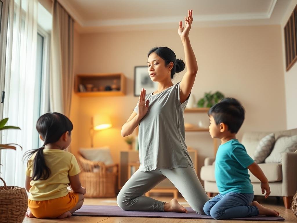 Ibu rumah tangga melakukan latihan ringan diselingi meditasi sambil mengurus rumah Ibu rumah tangga melakukan latihan ringan diselingi meditasi sambil mengurus rumah