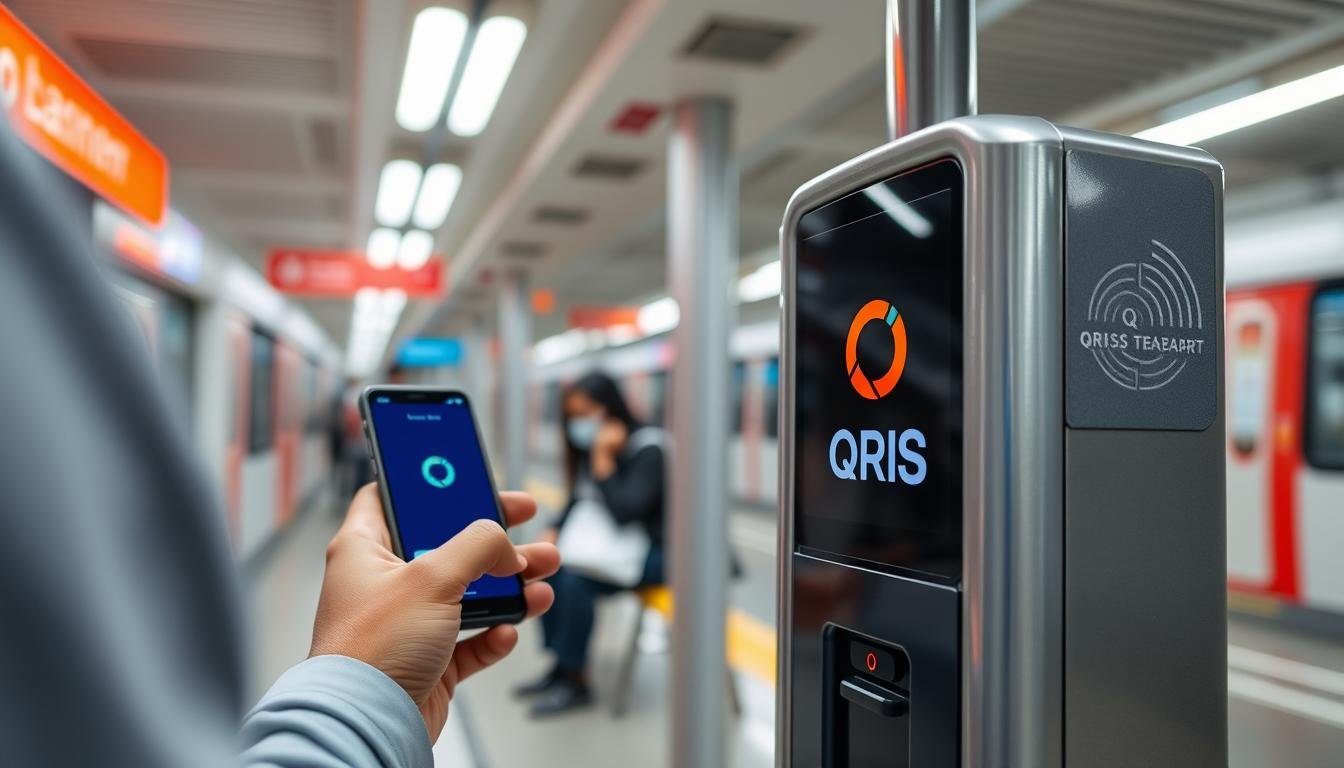 Ilustrasi QRIS Tap yang digunakan di transportasi umum dengan pengguna mendekatkan smartphone ke terminal pembayaran