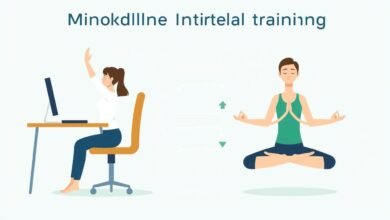 Ilustrasi konsep latihan interval mindfulness dengan latihan ringan diselingi meditasi