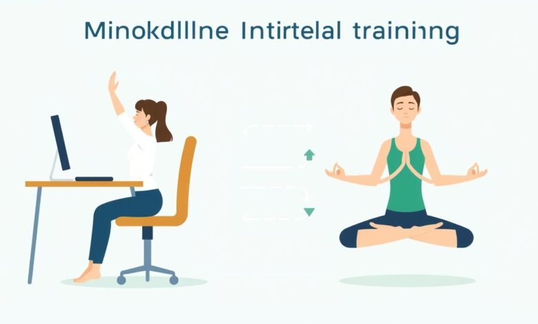 Ilustrasi konsep latihan interval mindfulness dengan latihan ringan diselingi meditasi