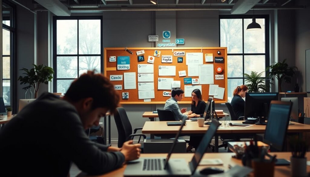 A bustling office scene, illuminated by warm, diffused lighting from large windows. In the foreground, a person hunched over a laptop, intently focused on their screen, representing the process of client outreach and pitching copywriting services. In the middle ground, a corkboard filled with social media icons, website logos, and client contact information, symbolizing the various digital platforms used to connect with potential customers. The background features additional workstations, with professionals collaborating and brainstorming, creating an atmosphere of productivity and strategic planning. The overall mood is one of a well-organized, technology-driven approach to building a successful copywriting business. A bustling office scene, illuminated by warm, diffused lighting from large windows. In the foreground, a person hunched over a laptop, intently focused on their screen, representing the process of client outreach and pitching copywriting services. In the middle ground, a corkboard filled with social media icons, website logos, and client contact information, symbolizing the various digital platforms used to connect with potential customers. The background features additional workstations, with professionals collaborating and brainstorming, creating an atmosphere of productivity and strategic planning. The overall mood is one of a well-organized, technology-driven approach to building a successful copywriting business.