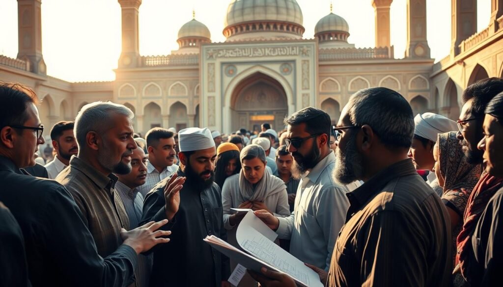 A bustling scene of diverse individuals engaged in spirited discussion, set against the backdrop of a grand, ornate mosque. In the foreground, a group of people gesticulate animatedly, their expressions a mix of concern and determination. In the middle ground, others gather in smaller clusters, poring over documents and charts, debating the challenges of optimizing zakat for the greater good. The background is bathed in a warm, golden light, hinting at the sense of purpose and resolve that permeates the scene. Shadows and highlights sculpt the faces and forms, creating a sense of depth and drama. The overall atmosphere is one of thoughtful deliberation, as the community grapples with the intricacies of maximizing zakat's potential to uplift and empower. A bustling scene of diverse individuals engaged in spirited discussion, set against the backdrop of a grand, ornate mosque. In the foreground, a group of people gesticulate animatedly, their expressions a mix of concern and determination. In the middle ground, others gather in smaller clusters, poring over documents and charts, debating the challenges of optimizing zakat for the greater good. The background is bathed in a warm, golden light, hinting at the sense of purpose and resolve that permeates the scene. Shadows and highlights sculpt the faces and forms, creating a sense of depth and drama. The overall atmosphere is one of thoughtful deliberation, as the community grapples with the intricacies of maximizing zakat's potential to uplift and empower.