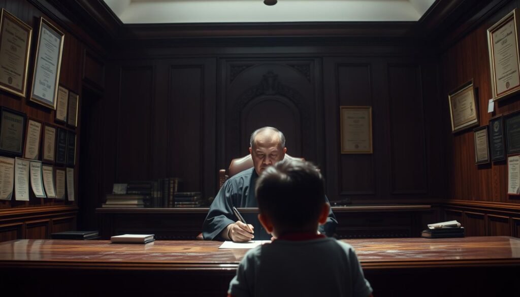 A dimly lit room, the walls adorned with legal tomes and certificates. A solemn-faced judge sits behind a massive wooden desk, brow furrowed in contemplation. Before him, a child stands, head bowed, as the judge's gaze bears down, weighing the legality of physical punishment in Indonesian law. The air is thick with tension, the light casting dramatic shadows that suggest the gravity of the decision at hand. The judge's pen hovers over a document, poised to render a verdict that will shape the child's future and the boundaries of parental discipline in this nation. A dimly lit room, the walls adorned with legal tomes and certificates. A solemn-faced judge sits behind a massive wooden desk, brow furrowed in contemplation. Before him, a child stands, head bowed, as the judge's gaze bears down, weighing the legality of physical punishment in Indonesian law. The air is thick with tension, the light casting dramatic shadows that suggest the gravity of the decision at hand. The judge's pen hovers over a document, poised to render a verdict that will shape the child's future and the boundaries of parental discipline in this nation.