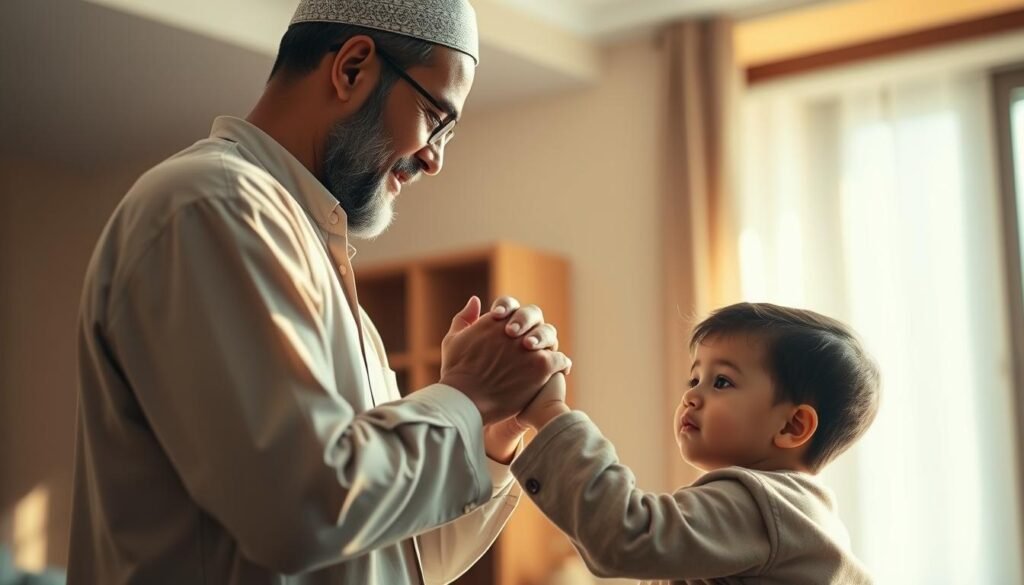 A serene family scene depicting a father gently guiding his child's hand, teaching the principles of Islamic discipline. The child's attentive expression conveys a sense of reverence and trust. Warm, natural lighting illuminates the pair, casting a soft, nurturing glow. The background features a simple, minimalist interior, allowing the central interaction to be the focal point. The overall mood is one of patience, care, and the transmission of timeless values from one generation to the next. A serene family scene depicting a father gently guiding his child's hand, teaching the principles of Islamic discipline. The child's attentive expression conveys a sense of reverence and trust. Warm, natural lighting illuminates the pair, casting a soft, nurturing glow. The background features a simple, minimalist interior, allowing the central interaction to be the focal point. The overall mood is one of patience, care, and the transmission of timeless values from one generation to the next.