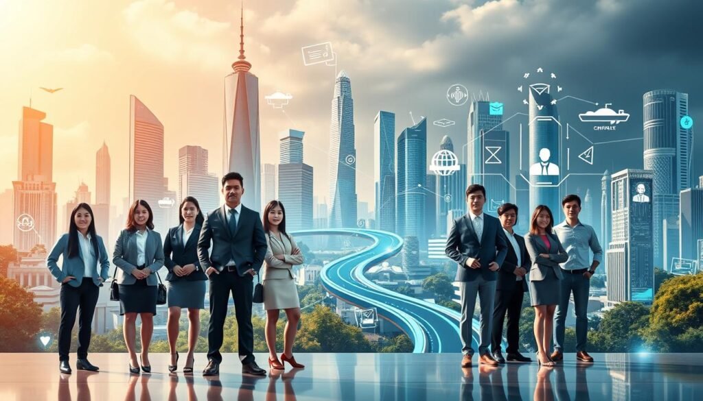 A striking, futuristic landscape depicting the "jalur pendidikan, pilihan karier" theme. In the foreground, a group of diverse young professionals stand proudly, dressed in contemporary business attire, representing various career paths. Behind them, a towering cityscape of gleaming skyscrapers and advanced technology symbolizes the digital era. The scene is bathed in a warm, golden light, conveying a sense of optimism and opportunity. In the middle ground, a winding educational pathway winds through the city, branching off into multiple directions, signifying the diverse educational choices available. The background features a stylized, holographic display showcasing various in-demand job roles and industries, complementing the forward-thinking atmosphere. The overall composition should inspire the viewer to consider their own educational and career journey in this transformative digital age. A striking, futuristic landscape depicting the "jalur pendidikan, pilihan karier" theme. In the foreground, a group of diverse young professionals stand proudly, dressed in contemporary business attire, representing various career paths. Behind them, a towering cityscape of gleaming skyscrapers and advanced technology symbolizes the digital era. The scene is bathed in a warm, golden light, conveying a sense of optimism and opportunity. In the middle ground, a winding educational pathway winds through the city, branching off into multiple directions, signifying the diverse educational choices available. The background features a stylized, holographic display showcasing various in-demand job roles and industries, complementing the forward-thinking atmosphere. The overall composition should inspire the viewer to consider their own educational and career journey in this transformative digital age.