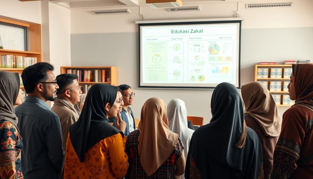 A vibrant, educational scene depicting the concept of "Edukasi Zakat" (Zakat Education). In the foreground, a group of diverse individuals, both young and old, engaged in a lively discussion about the importance of zakat. Warm, natural lighting illuminates their faces, conveying a sense of openness and understanding. In the middle ground, a large projection screen displays infographics and diagrams, illustrating the principles and mechanics of zakat. The background features a modern, well-equipped classroom or community center, with shelves of relevant books and materials. The overall atmosphere is one of knowledge sharing, community engagement, and a shared commitment to the betterment of society through the optimization of zakat. A vibrant, educational scene depicting the concept of "Edukasi Zakat" (Zakat Education). In the foreground, a group of diverse individuals, both young and old, engaged in a lively discussion about the importance of zakat. Warm, natural lighting illuminates their faces, conveying a sense of openness and understanding. In the middle ground, a large projection screen displays infographics and diagrams, illustrating the principles and mechanics of zakat. The background features a modern, well-equipped classroom or community center, with shelves of relevant books and materials. The overall atmosphere is one of knowledge sharing, community engagement, and a shared commitment to the betterment of society through the optimization of zakat.