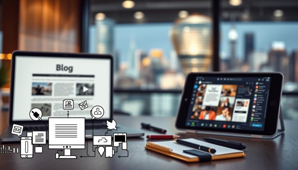 A well-lit, high-resolution image of various types of digital content creation, including a laptop displaying a blog post, a smartphone recording a video, and a tablet with a design software interface. The foreground features a stylized graphic illustrating different content formats such as articles, videos, and social media posts. The middle ground shows a designer's workspace with a pen, notebook, and other tools. The background depicts a blurred cityscape, suggesting a professional, urban setting. The overall mood is one of productivity, creativity, and the diverse nature of modern copywriting services. A well-lit, high-resolution image of various types of digital content creation, including a laptop displaying a blog post, a smartphone recording a video, and a tablet with a design software interface. The foreground features a stylized graphic illustrating different content formats such as articles, videos, and social media posts. The middle ground shows a designer's workspace with a pen, notebook, and other tools. The background depicts a blurred cityscape, suggesting a professional, urban setting. The overall mood is one of productivity, creativity, and the diverse nature of modern copywriting services.