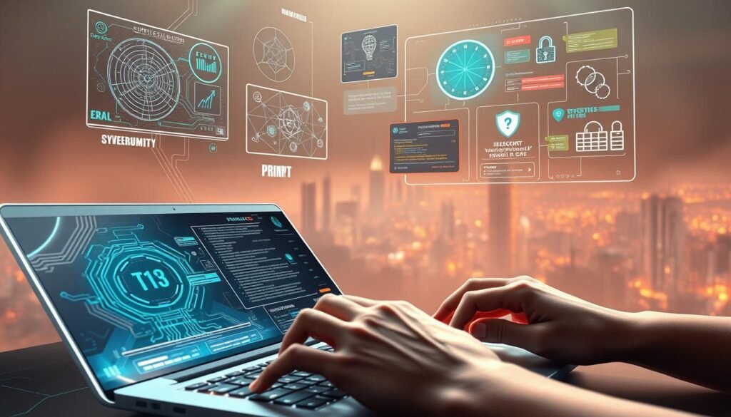 Prompt A highly detailed, realistic digital illustration of a cybersecurity scene. In the foreground, a sleek, futuristic-looking laptop with a glowing interface and intricate circuit board patterns. Hovering above it, an array of floating holographic displays showcasing network diagrams, data visualizations, and security alerts. In the middle ground, a pair of hands typing commands on a digital keyboard, their movements reflected in the laptop's screen. The background is shrouded in a hazy, atmospheric glow, with subtle hints of a cityscape skyline in the distance, conveying a sense of the broader digital landscape. The overall mood is one of focus, intensity, and the high-stakes world of modern cybersecurity. Prompt A highly detailed, realistic digital illustration of a cybersecurity scene. In the foreground, a sleek, futuristic-looking laptop with a glowing interface and intricate circuit board patterns. Hovering above it, an array of floating holographic displays showcasing network diagrams, data visualizations, and security alerts. In the middle ground, a pair of hands typing commands on a digital keyboard, their movements reflected in the laptop's screen. The background is shrouded in a hazy, atmospheric glow, with subtle hints of a cityscape skyline in the distance, conveying a sense of the broader digital landscape. The overall mood is one of focus, intensity, and the high-stakes world of modern cybersecurity.