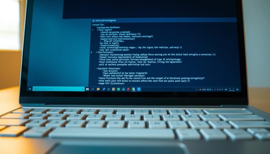 A close-up, detailed view of a laptop screen displaying a Markdown editor interface. The screen is well-lit, with a warm, inviting atmosphere. The editor features a clean, minimalist layout with a dark theme, highlighting the crisp white text of the Markdown syntax against the dark background. The cursor blinks steadily, conveying a sense of productivity and focus. The keyboard in the foreground is sleek and modern, with contrasting light and dark keys that complement the screen's aesthetic. The overall scene radiates a sense of efficiency, customization, and the seamless integration of digital note-taking with the physical workspace.