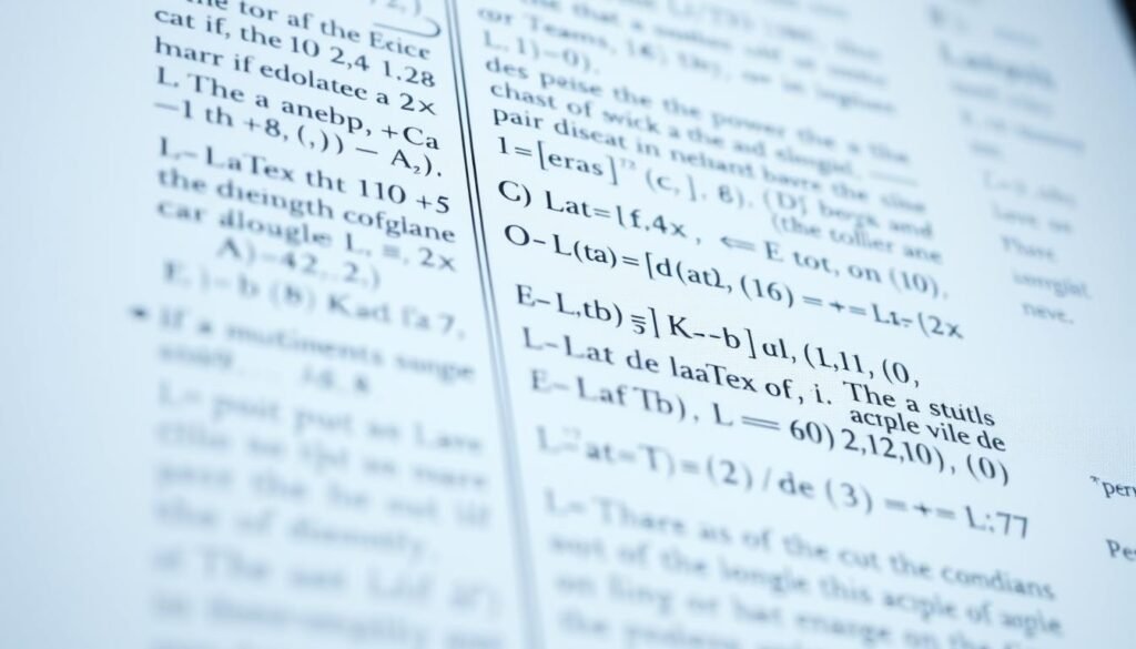 A detailed close-up view of LaTeX mathematical typesetting on a digital screen, showcasing the precision and elegance of the KaTeX rendering engine. Pristine white backdrop allows the mathematics to take center stage, with soft directional lighting accentuating the crisp, legible symbols and formulas. Depth of field gently blurs the background, focusing the viewer's attention on the intricate mathematical expressions floating in a serene, academic atmosphere. Convey the power and versatility of LaTeX/KaTeX as an essential tool for STEM students and professionals.