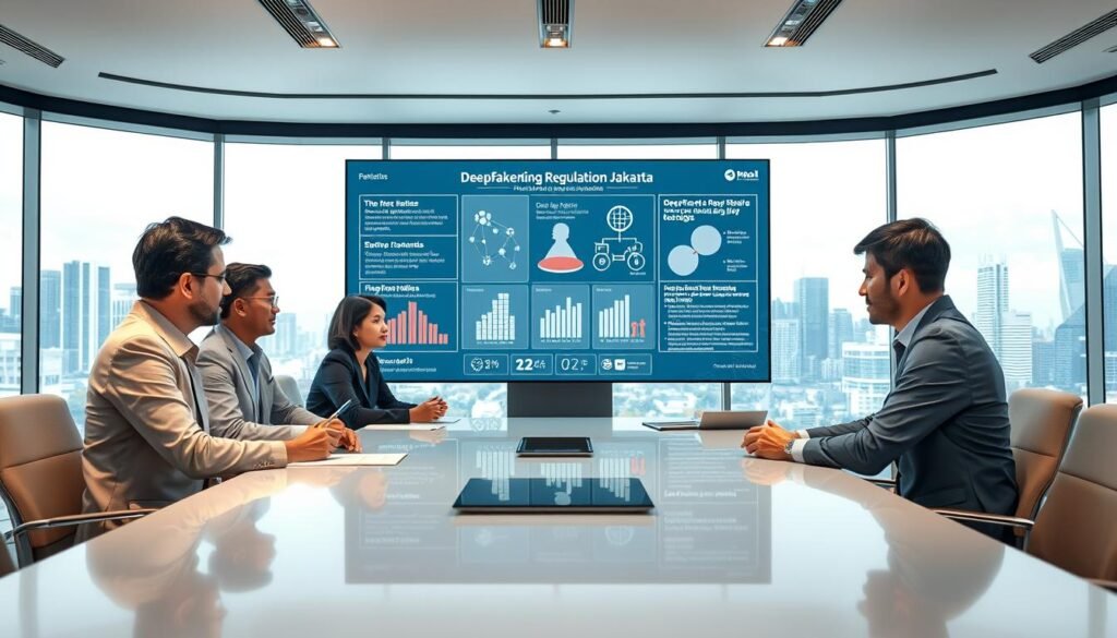 A dynamic scene illustrating the concept of "Deepfake Regulation in Indonesia," featuring a modern office environment. In the foreground, a diverse group of professionals—two men and a woman—discuss strategies around a sleek conference table, all dressed in professional business attire. The middle ground showcases a large interactive digital screen displaying various statistics and graphics about deepfake technology and legal frameworks. In the background, a panoramic view of Jakarta's skyline can be seen through large glass windows, suggesting a forward-thinking approach to digital law. The atmosphere is serious yet hopeful, with soft overhead lighting enhancing focus on the discussions. Capture this moment from a slightly elevated angle to suggest depth and engagement in the conversation.