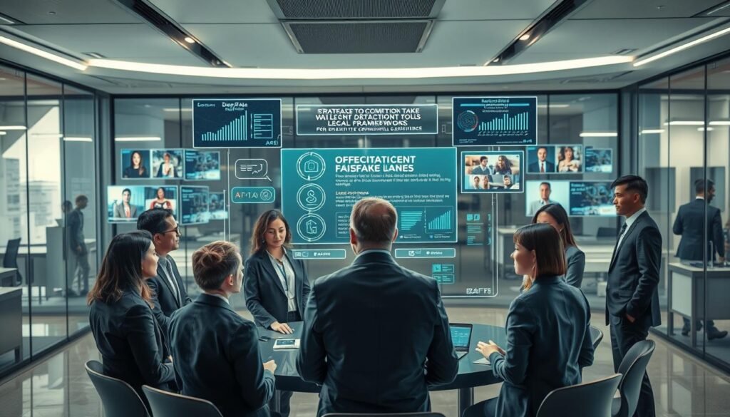 A futuristic office environment highlighting strategies to combat deepfake technology. In the foreground, a diverse team of professionals dressed in formal business attire is engaged in an intense discussion around a holographic display showcasing deepfake detection tools and legal frameworks. In the middle ground, various digital screens display graphs, algorithms, and images associated with deepfake technology, emphasizing the need for awareness and action. The background features a sleek, modern workspace with glass walls and advanced technology, symbolizing innovation and vigilance. A dramatic lighting setup casts soft shadows, creating a serious yet hopeful atmosphere, as the scene captures the urgency and collaborative spirit of tackling deepfake challenges in the digital age.