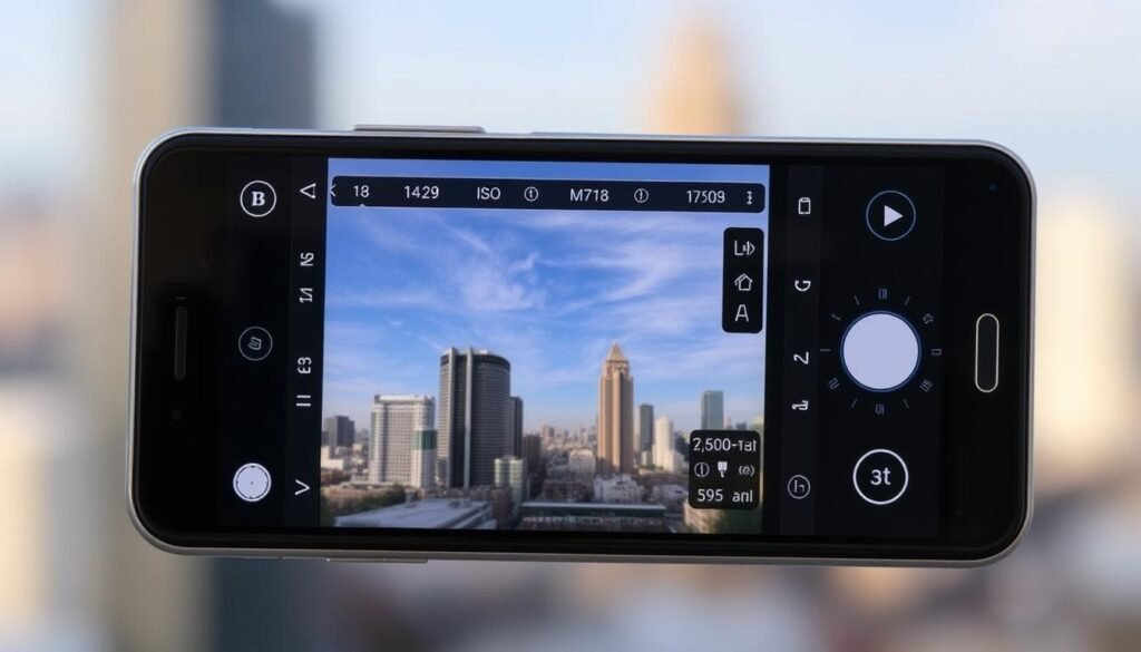 A professional-grade camera interface on an Android smartphone, showcasing an array of advanced settings and controls. The foreground features a close-up view of the camera screen, with a range of sliders, dials, and buttons for adjusting parameters like shutter speed, aperture, ISO, white balance, and exposure compensation. The middle ground reveals the smartphone's sleek, high-end design, with a premium metal body and subtle branding. In the background, a soft, defocused cityscape or natural landscape setting provides a sense of depth and context, hinting at the camera's capabilities for capturing stunning, DSLR-quality images.