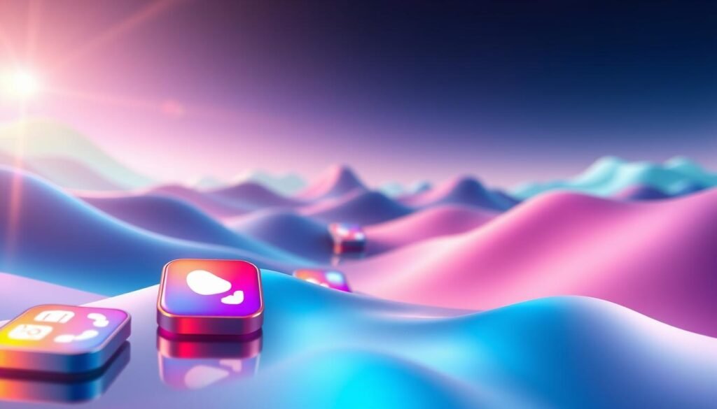 A sleek, modern visualization of the iOS 27 interface, showcasing its refreshed design and innovative features. The foreground features vibrant app icons in gradient glass styles, illuminated with soft, reflective lighting. In the middle layer, integrate smooth transitions of the app menus and notifications, emphasizing the fluidity of the new interface. The background displays a dynamic, abstract representation of digital landscapes in soft pastel colors to create a calming atmosphere. Utilize a wide-angle lens perspective to capture depth, with light flares that evoke a sense of sophistication. The overall mood is futuristic and inviting, perfectly encapsulating the essence of iOS 27's visual and interface changes, making it appealing to tech enthusiasts.