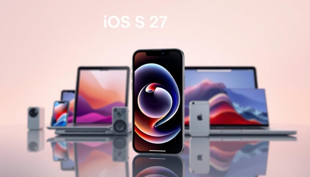 A visually striking illustration depicting the compatibility of devices with iOS 27, featuring an array of iPhones, iPads, and macOS devices. In the foreground, show a sleek iPhone 15 displaying a stunning “Gradient Glass” wallpaper with intricate 3D effects. The middle layer should include a variety of devices like the iPad and MacBook, all stylishly arranged, highlighting their modern designs. In the background, a subtle tech-themed gradient enhances the overall display, evoking an atmosphere of innovation and advancement. Soft, dynamic lighting casts reflections on the glass surfaces, accentuating the devices' elegance. Use a shallow depth of field to keep the focus on the iOS devices while creating an engaging visual experience that invites viewers to explore the latest technology.