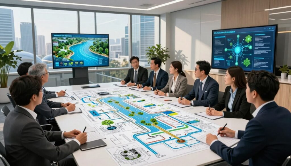 A conceptual illustration of a water infrastructure regulation meeting, set in a modern conference room. In the foreground, a diverse group of professionals in business attire is engaged in an animated discussion, surrounded by blueprints and digital displays showcasing green technology solutions for water conservation. The middle ground features a large, well-lit table with intricate diagrams of water systems and infrastructure plans. In the background, large glass windows reveal a futuristic cityscape hinting at smart water management solutions, bathed in warm daylight. The atmosphere is collaborative and innovative, emphasizing sustainability and investment in eco-friendly practices. The focus is on teamwork and strategy, with a sense of urgency and ambition for future developments.
