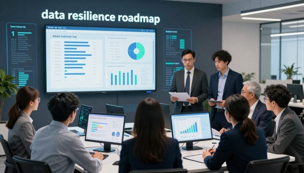 A detailed illustration of a "data resilience roadmap," capturing a professional environment. In the foreground, a diverse group of professionals in business attire collaborates around a large table with charts and digital devices displaying graphs related to voter data governance and cybersecurity. The middle ground features a digital screen showcasing audit frameworks and political advertisement metrics, illuminated with soft blue and green lights to convey a high-tech atmosphere. The background contains a sleek office environment with modern decor, symbolizing innovation in data management. The overall mood is focused and collaborative, highlighting the significance of transparency and security in data handling.