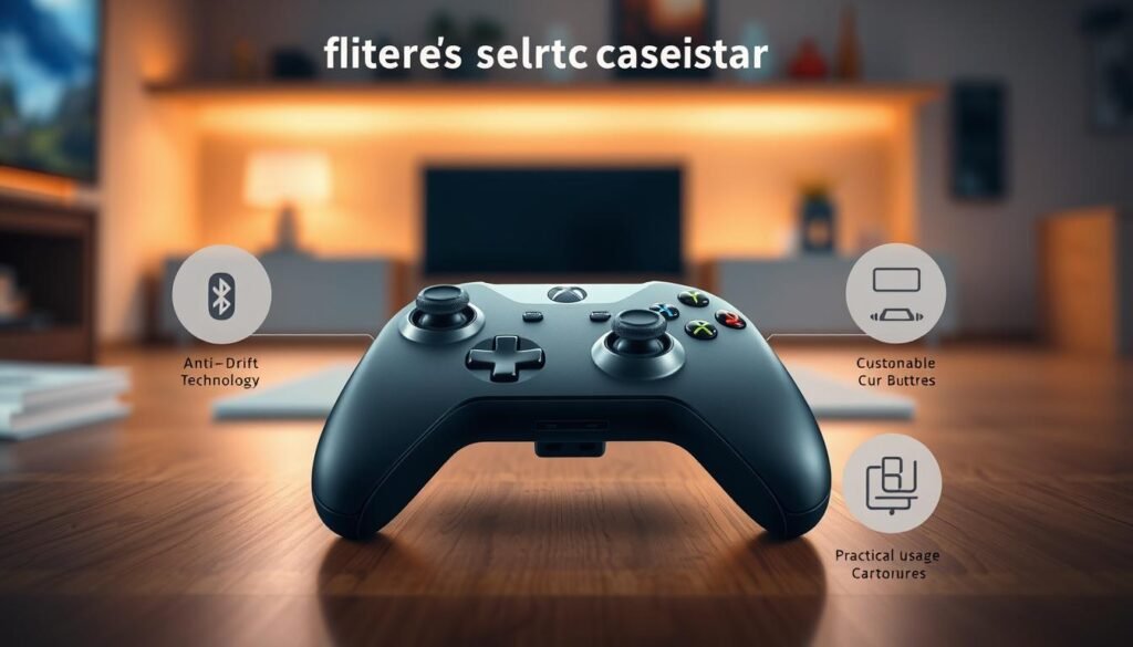 A detailed illustration showcasing the criteria for selecting a game controller, focusing on anti-drift technology, connectivity features, and practical usage aspects. In the foreground, a sleek, modern Xbox-style controller lies on a wooden surface, its components visibly highlighted to emphasize the anti-drift mechanism. The middle ground features icons or illustrations representing connectivity options like Bluetooth and USB-C, along with symbols for practical features such as customizable buttons and ergonomic design. The background consists of a softly blurred gaming environment, suggesting an inviting gaming atmosphere with ambient lighting emanating from a console. The overall mood is professional yet engaging, capturing the essence of modern gaming technology. Use dramatic lighting with a slight overhead angle to enhance depth and focus on the controller's key attributes.
