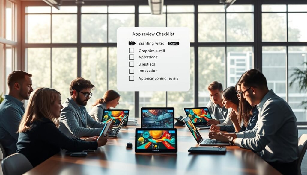 A detailed scene depicting the app store review process for indie game developers. In the foreground, a diverse group of developers, dressed in professional business attire, are gathered around a large table, engaging in discussion. They are analyzing game designs on laptops, with vibrant concept art displayed prominently. In the middle ground, a digital representation of an app review checklist floating above the table, showing evaluation criteria like "graphics," "usability," and "innovation." The background features a modern office environment with large windows allowing natural light to flood in, creating a bright and positive atmosphere. Soft shadows accentuate the focus on the developers and their work, conveying a sense of collaboration and creativity within the indie game development community.