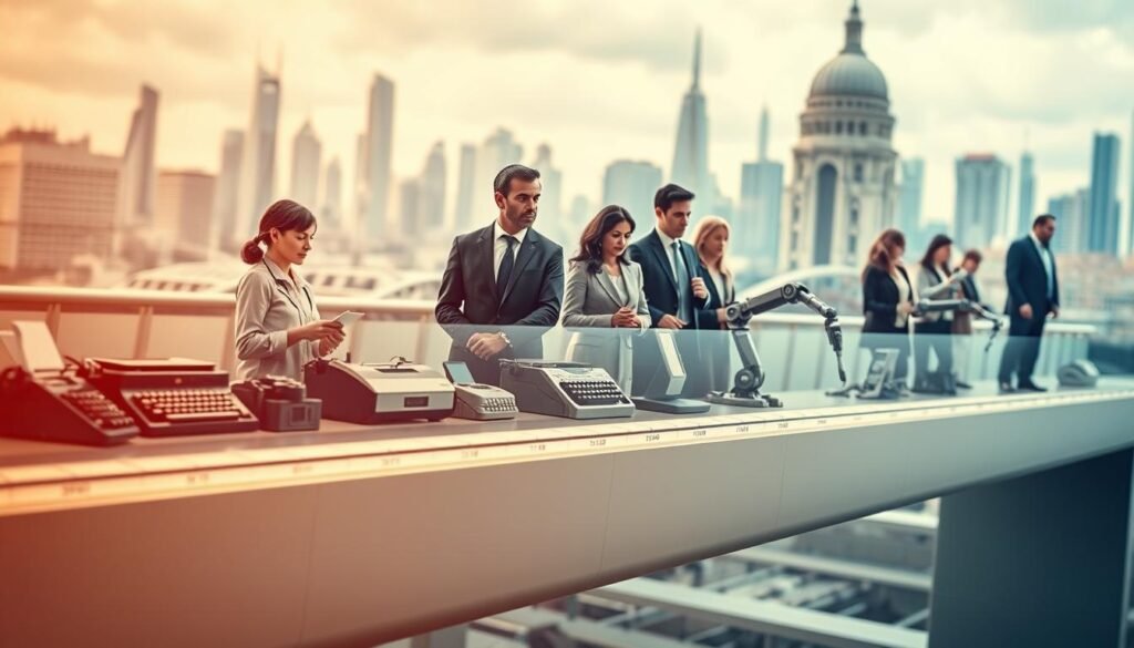 A dynamic scene depicting the evolution of automation, showcasing historical milestones leading to modern Robotic Process Automation (RPA). In the foreground, a timeline flows with iconic artifacts: early mechanical devices, vintage typewriters, and transitioning to computers and robotic arms. In the middle ground, a diverse group of professionals, dressed in business attire, observes the timeline with expressions of interest and curiosity. The background features a blend of futuristic cityscapes and classic architecture, symbolizing the bridge between past and future. Soft, warm lighting creates an inviting atmosphere, while a slight depth of field emphasizes the timeline in focus. The overall mood is inspirational, reflecting the journey of automation and its implications for the future of work.
