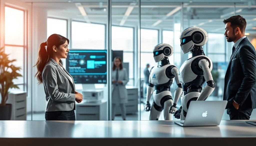 A futuristic office environment showcasing the benefits of Robotic Process Automation (RPA). In the foreground, a diverse group of three professionals in smart business attire, including a woman of Asian descent and a man of Black descent, are observing an advanced robotic system efficiently processing data on a sleek digital interface. In the middle ground, a transparent glass wall reveals an automated workstation where robots handle routine tasks seamlessly, radiating a sense of productivity and innovation. The background features a bright, modern office with large windows letting in natural light, creating an open and inviting atmosphere. Soft shadows and warm ambient lighting enhance the welcoming mood, while a subtle blue and white color palette complements the technology theme, symbolizing trust and efficiency.