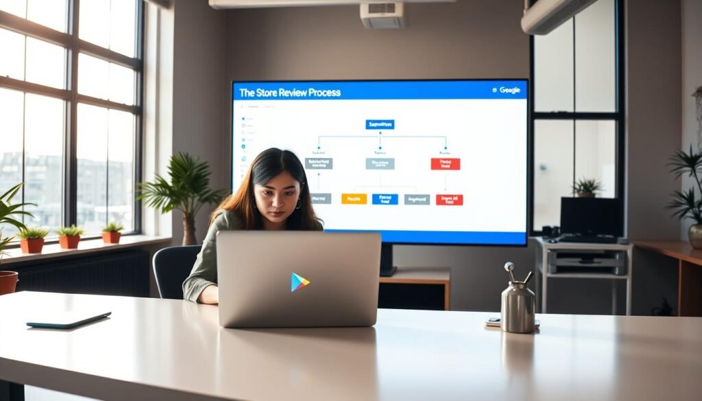 A professional workspace showcasing the Google Play Store review process, featuring an indie game developer analyzing their app submission. In the foreground, a focused developer, a young woman in professional attire, sits at a sleek desk with a laptop open, displaying the Google Play Console interface. In the middle ground, a large screen shows a flowchart of the review process, illustrating key stages like submission, review, and approval. In the background, soft light filters through large windows, creating a warm and encouraging atmosphere. The overall mood is one of concentration and determination, with a subtle hint of excitement for the indie game journey ahead. The scene is neatly organized, with vibrant colors contrasting against a polished workspace, enhancing the feeling of professionalism and creativity.