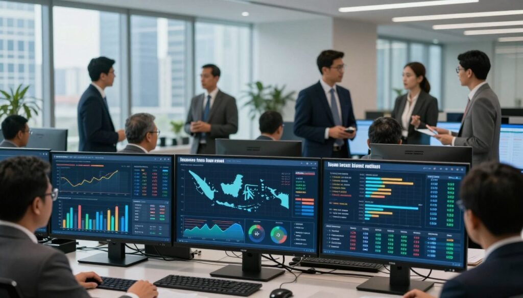 A sophisticated office environment showcasing a detailed, multi-layered visualization of data related to officials and policy-making. In the foreground, a set of digital screens displays intricate graphs, charts, and numerical data, symbolizing various state risks for Indonesia. In the middle ground, business professionals in formal attire engage in discussion, representing officials analyzing data and making policy decisions. The background features a sleek modern cityscape visible through large windows, hinting at the broader political landscape. The lighting is bright and professional, with a focus on the screens illuminating the scene. The atmosphere conveys urgency and importance, emphasizing the critical nature of data in governance.