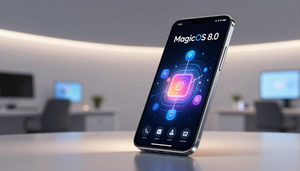 A futuristic smartphone showcasing MagicOS 8.0 with sleek, elegant design elements prominently displayed in the foreground. The phone screen illustrates an interactive interface featuring AI integration, with vibrant, dynamic icons and a holographic effect. Surrounding the smartphone, a soft glow adds a modern touch, reflecting advanced technology. In the background, a high-tech workspace with minimalistic decor and ambient lighting creates an innovation-focused atmosphere. The scene is captured with a slight tilt-angle perspective to emphasize the phone, using a shallow depth of field to blur the background slightly. The overall mood is professional and cutting-edge, conveying excitement about the future of AI-integrated technology.