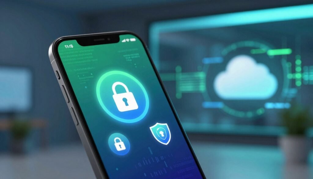 A modern smartphone displayed prominently in the foreground, showcasing a screen with vibrant security feature icons like a padlock and shield, indicating software updates and security systems. In the middle ground, depict subtle imagery of digital elements such as binary code and cloud symbols representing updates and data protection. The background features a sleek, technology-inspired environment, with soft blue and green lighting that evokes a sense of security and innovation. The angle is slightly tilted to give a dynamic perspective, enhancing the focus on the smartphone. The overall atmosphere should convey trust, modernity, and reliability in smartphone security features, emphasizing long-term software updates.