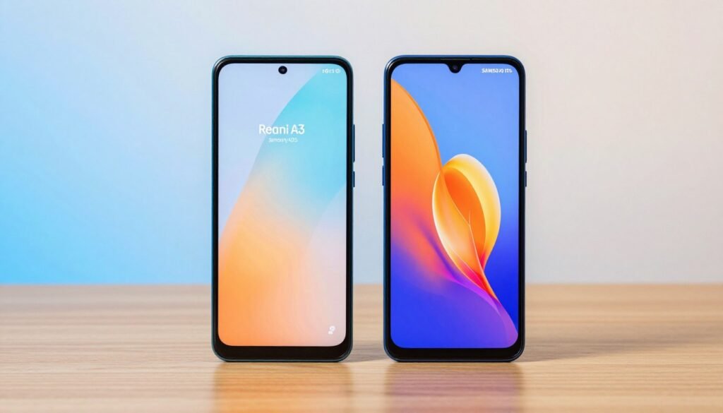 A side-by-side comparison of two entry-level smartphones, the Redmi A3 and Samsung A05s, showcasing their screen qualities in a well-lit environment. In the foreground, the smartphones are positioned upright on a sleek wooden surface, allowing for clear visibility of their displays. The screens are illuminated to highlight color vibrancy and clarity. In the middle ground, a subtle gradient background transitions from soft blue to white, enhancing the focus on the devices. Soft, diffused lighting casts gentle shadows, creating a professional and inviting atmosphere. The angle is slightly above eye level, capturing both screens from a dynamic perspective to emphasize their designs. Aim for a clean, tech-focused aesthetic that conveys comfort and user-friendliness in screen viewing.