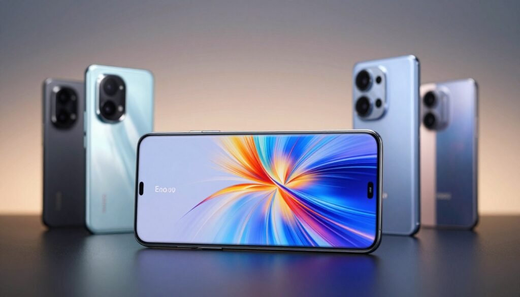 A sleek, modern smartphone prominently displayed in the foreground, featuring the Honor Magic 6 Pro’s innovative "Eye of Falcon" display with vibrant colors and dynamic graphics. Surrounding it, a softly blurred array of competing smartphones, showcasing sleek designs and contrasting colors, representing direct competitors in the market. The background is a subtle gradient that suggests a tech-oriented environment, illuminated by soft, ambient lighting to emphasize the high-tech feel. The angle should be slightly above eye level, capturing the smartphone's sophisticated curves and premium materials. The scene conveys a sense of excitement and innovation, highlighting the competitive landscape of mobile technology in Indonesia. The overall mood is professional yet dynamic, tailored for tech enthusiasts.